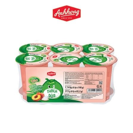 Thạch dừa vị đào Ánh Hồng 190g x 6 (Lốc)