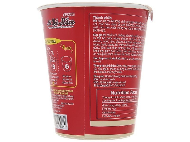 Mì ly bò hầm Ottogi vị cay 62g (Thùng 15 ly)